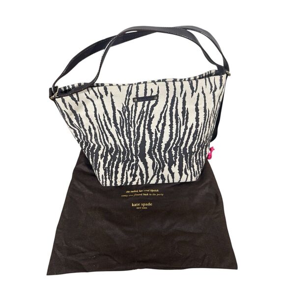 KATE SPADE Zebra Print Canvas Basket Tote Hand Bag Purse Monogram On Back - Picture 1 of 11